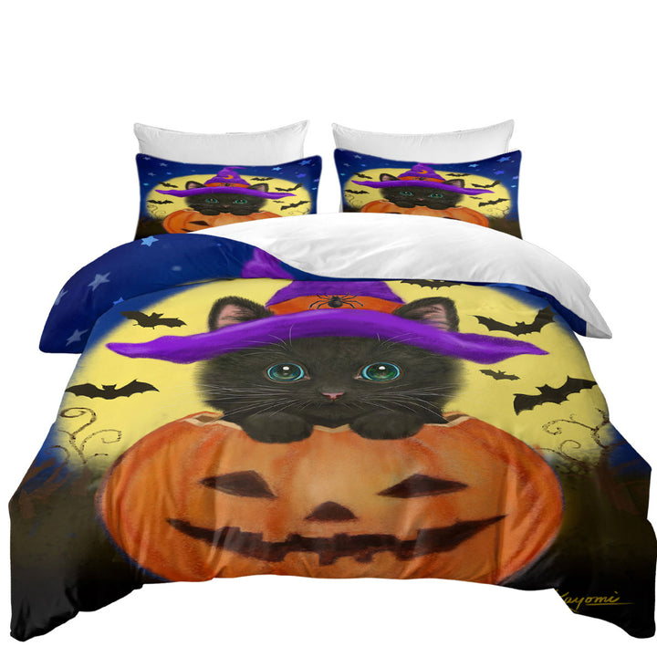 Funny Cute Halloween Black Cat in Pumpkin full Size Duvet Cover
