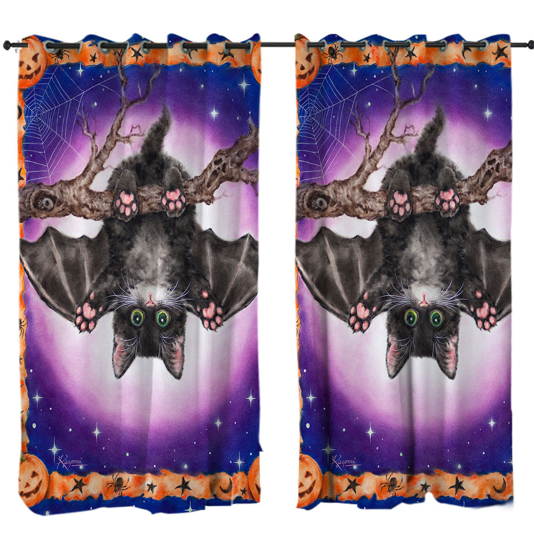 Funny Cute Halloween Kitten Bat Window Curtains