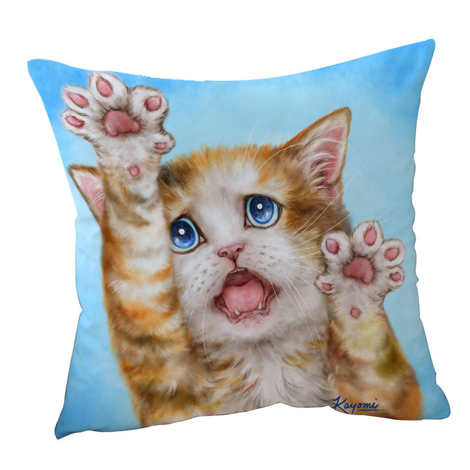 Funny Decorative Pillows with Kittens Stressed Ginger Kitty Cat over Blue