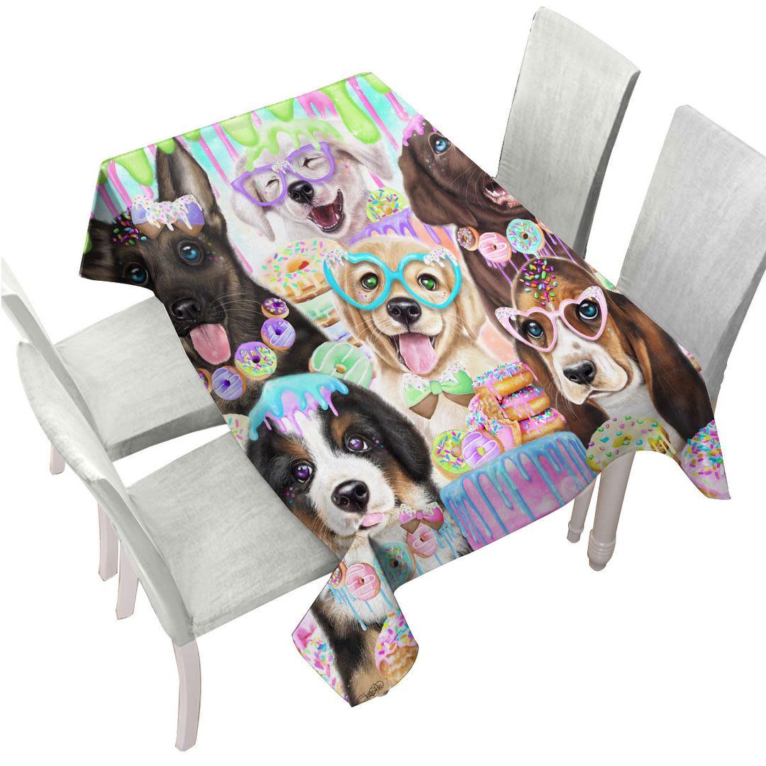 Funny Dog Colorful Doggies and Donuts Tablecloth