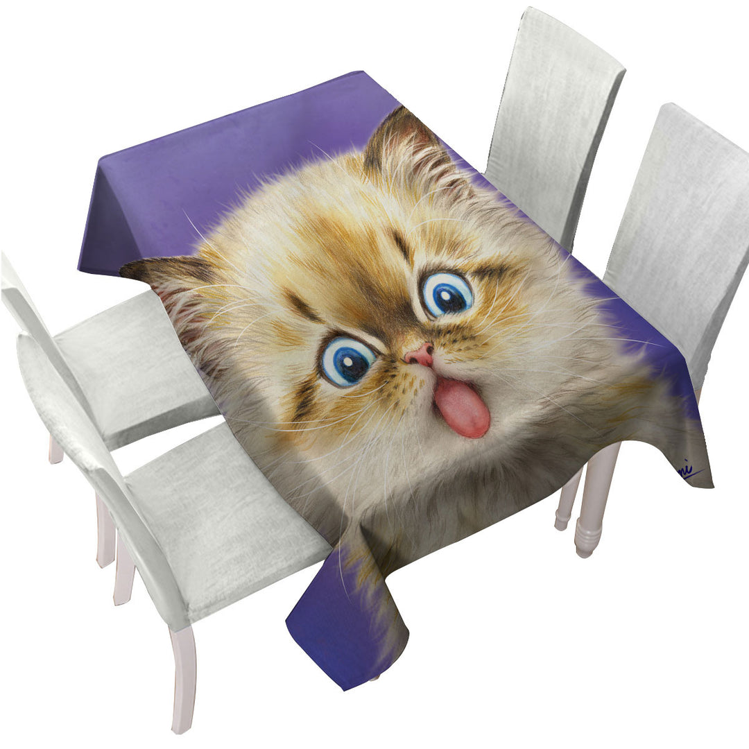 Funny Fool Face Kitten Cat with Tongue Out Tablecloth