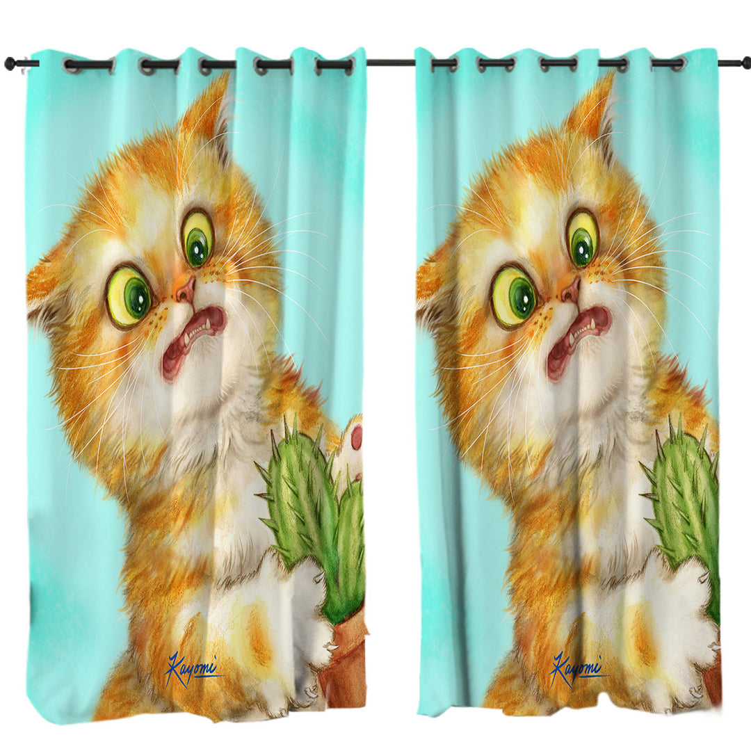 Funny Ginger Cat Playing with a Cactus Curtains for Living Room