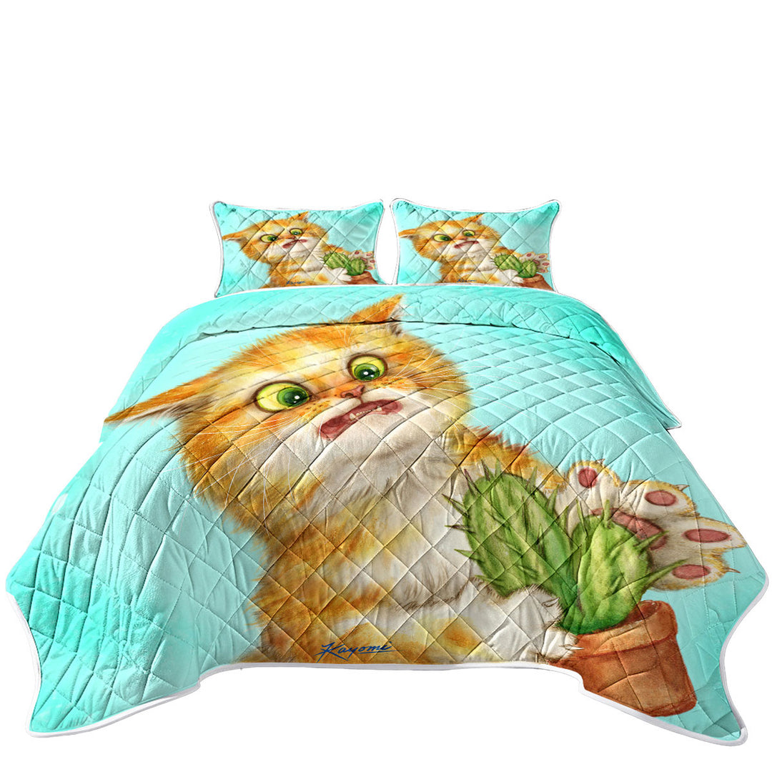 Funny Ginger Cat Playing with a Cactus King Size Quilt
