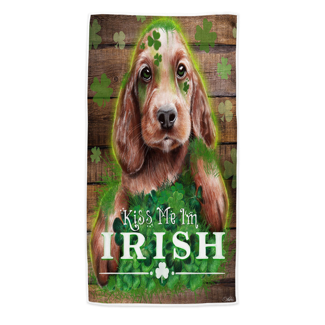 Funny Green Clover Kiss me I_m Irish Puppy Beach Towel