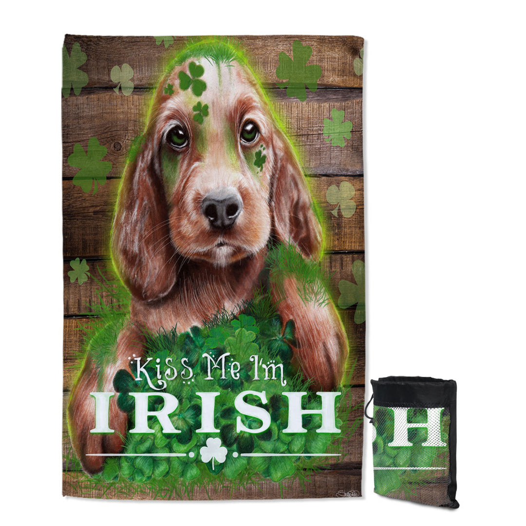 Funny Green Clover Kiss me I_m Irish Puppy Quick Dry Beach Towel