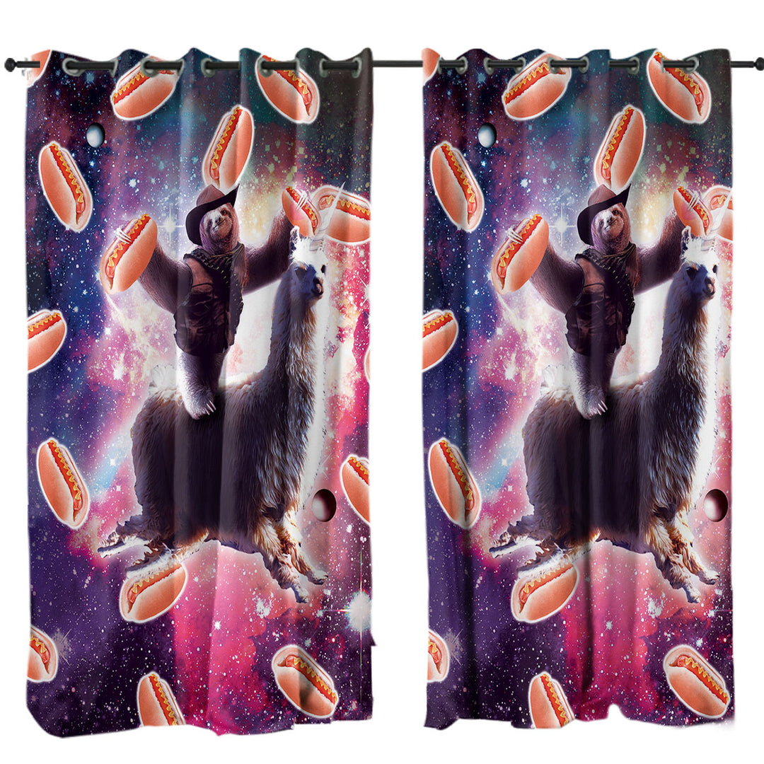 Funny Hot Dogs Space Cowboy Sloth on Llama Unicorn Curtains