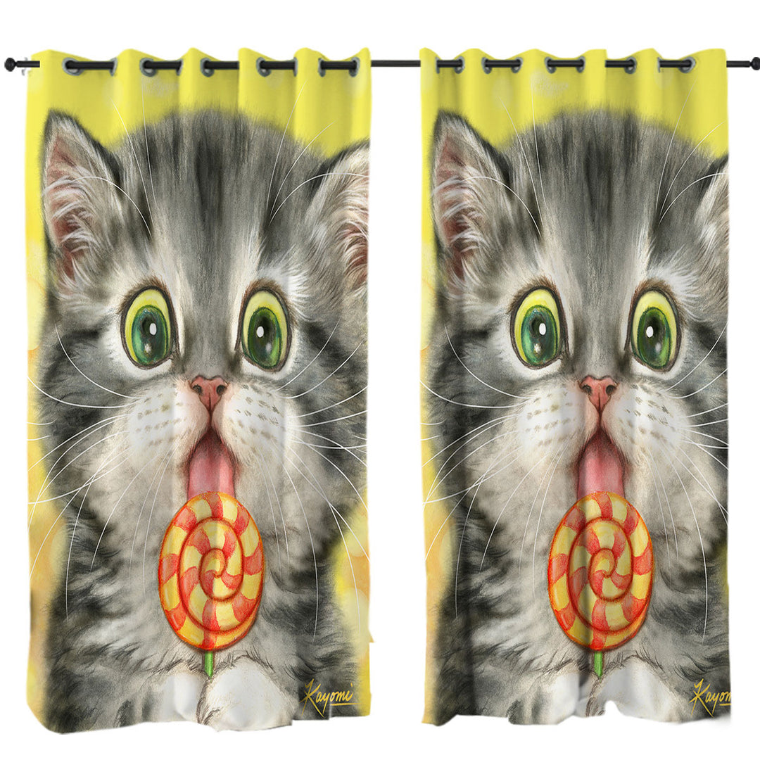 Funny Kids Designs Licking Lollipop Kitty Cat Curtains
