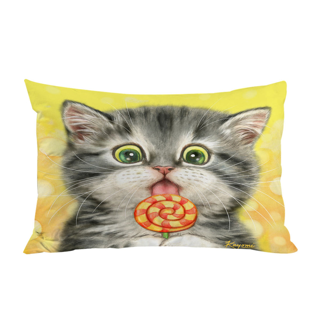Funny Kids Designs Licking Lollipop Kitty Cat Pillow Case Covers
