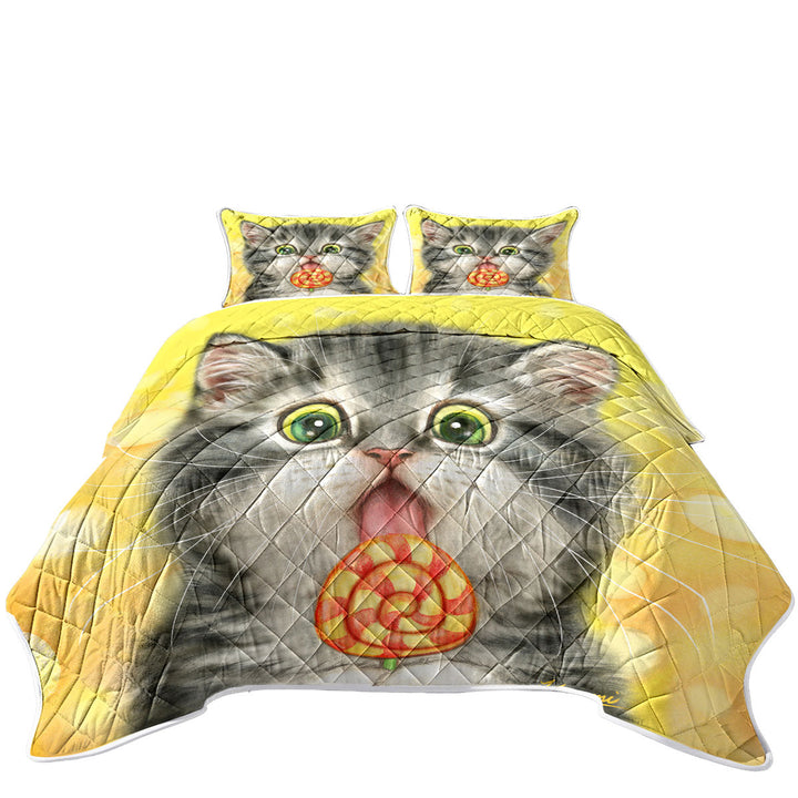 Funny Kids Designs Licking Lollipop Kitty Cat Quilts