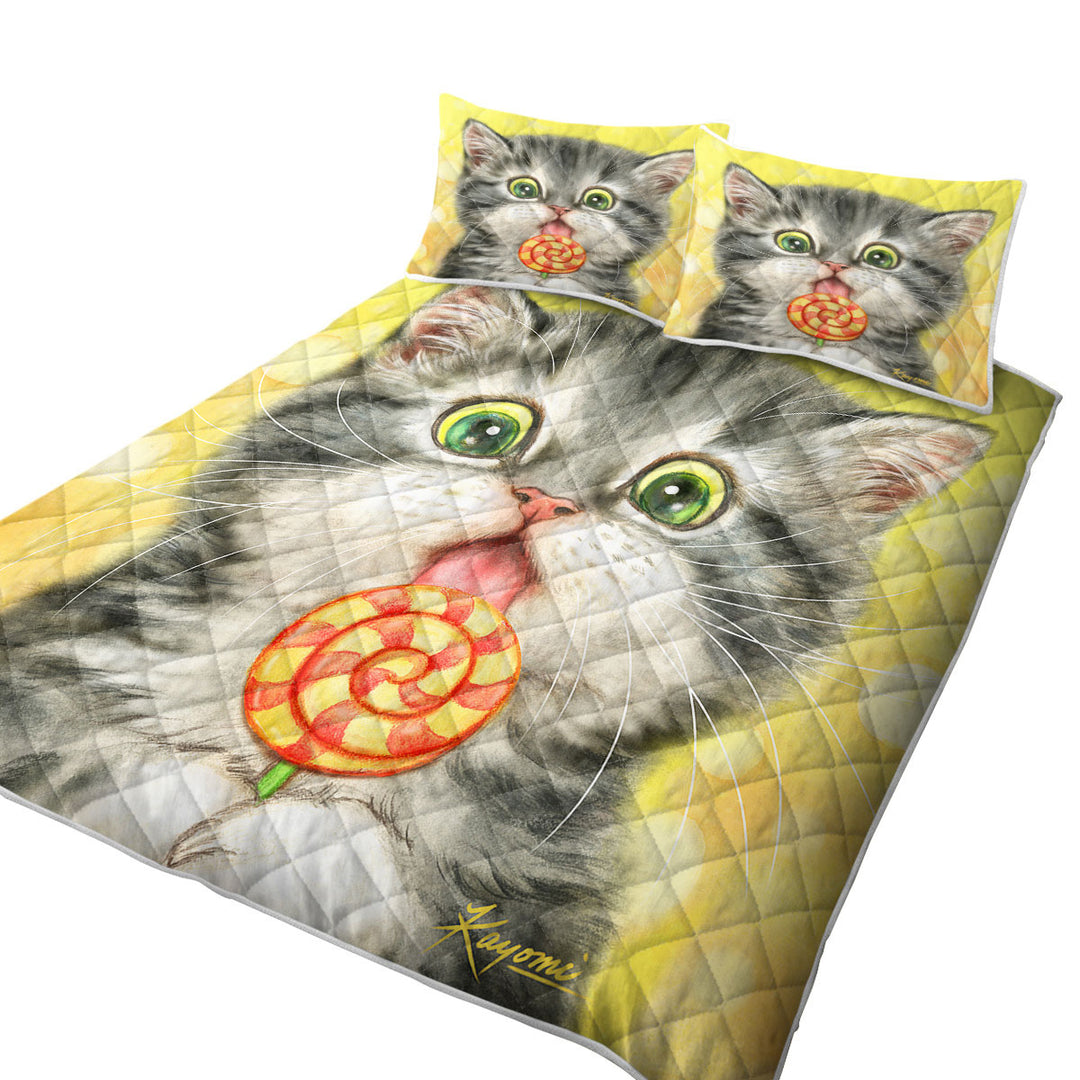 Funny Kids Designs Licking Lollipop Kitty Cat Twin Quilt