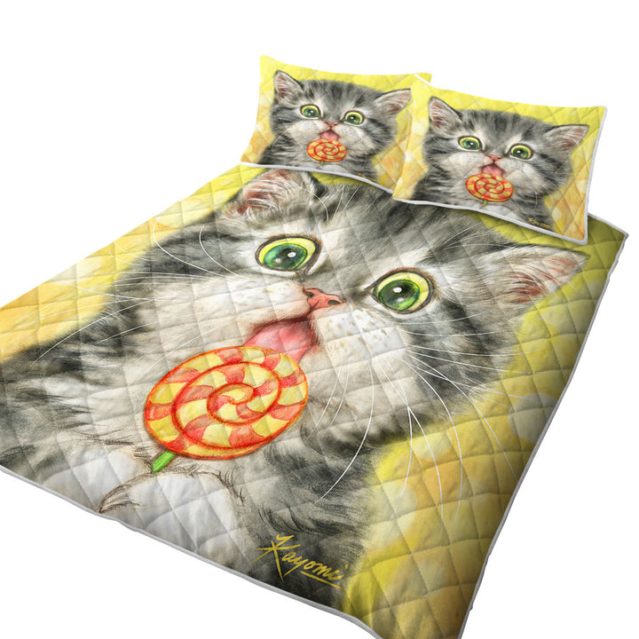 Funny Kids Designs Licking Lollipop Kitty Cat Twin Quilt