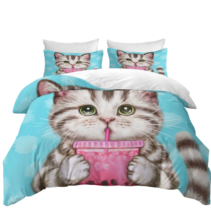 Funny Kittens Adorable Grey Tabby Cat Enjoying Tea Coverlet