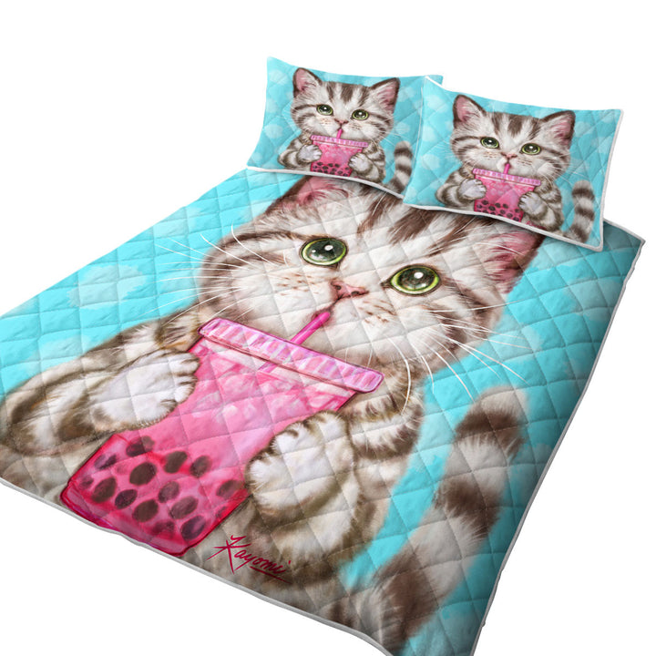 Funny Kittens Adorable Grey Tabby Cat Enjoying Tea King Size Bedspreads