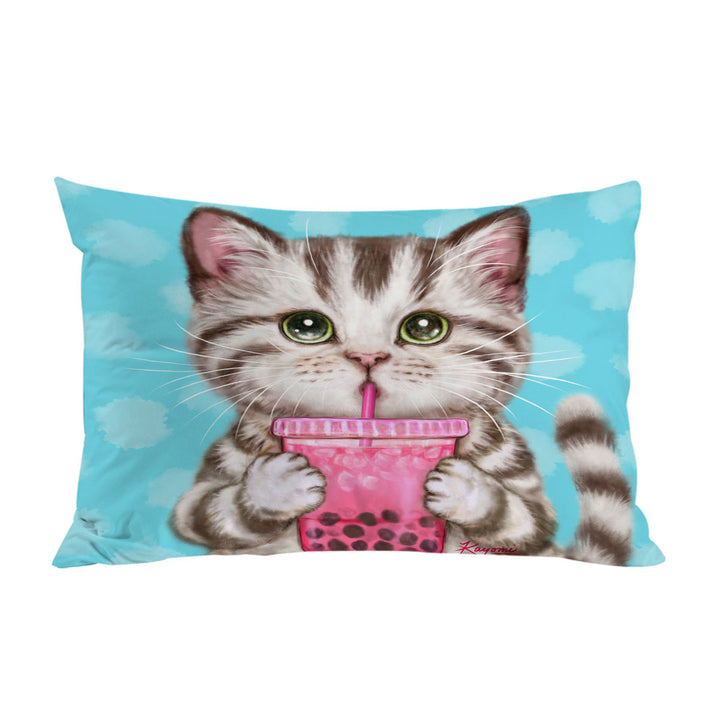 Funny Kittens Adorable Grey Tabby Cat Enjoying Tea Pillow Case Covers