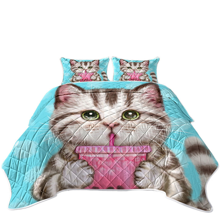 Funny Kittens Adorable Grey Tabby Cat Enjoying Tea Summer Quilt