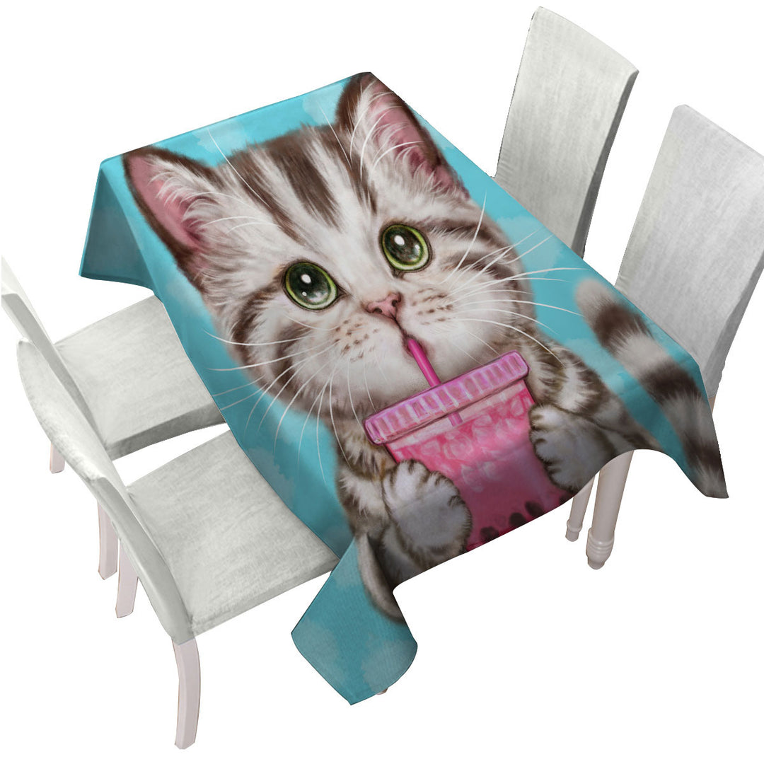 Funny Kittens Adorable Grey Tabby Cat Enjoying Tea Table Cover