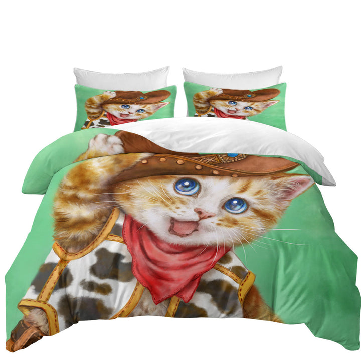 Funny Kittens Cute Cowboy Ginger Cat Queen Size Duvet Cover