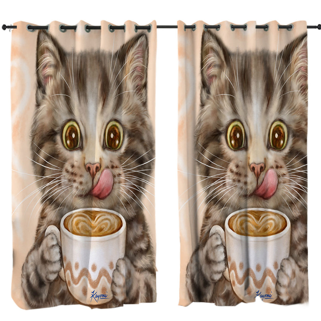 Funny Kittens Drinking Hot Chocolate Tabby Cat Curtains for Bedroom
