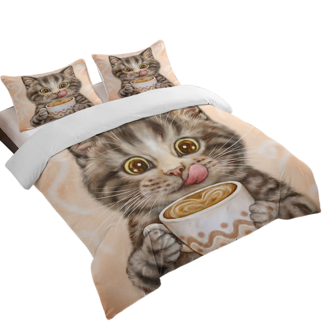 Funny Kittens Drinking Hot Chocolate Tabby Cat Queen Size Duvet Cover