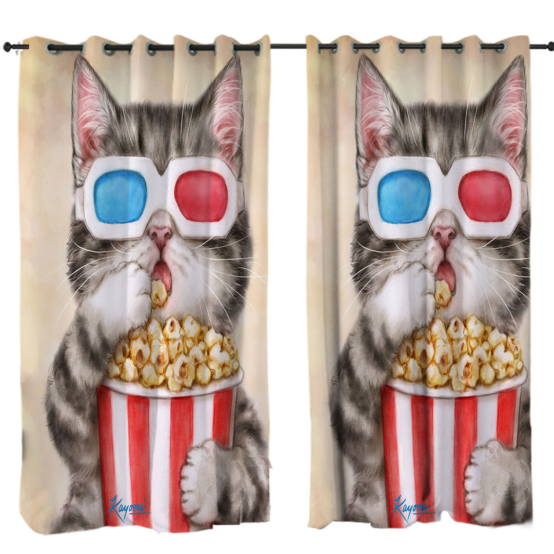Funny Kittens Eating Popcorn Grey Kitty Cat Drapes