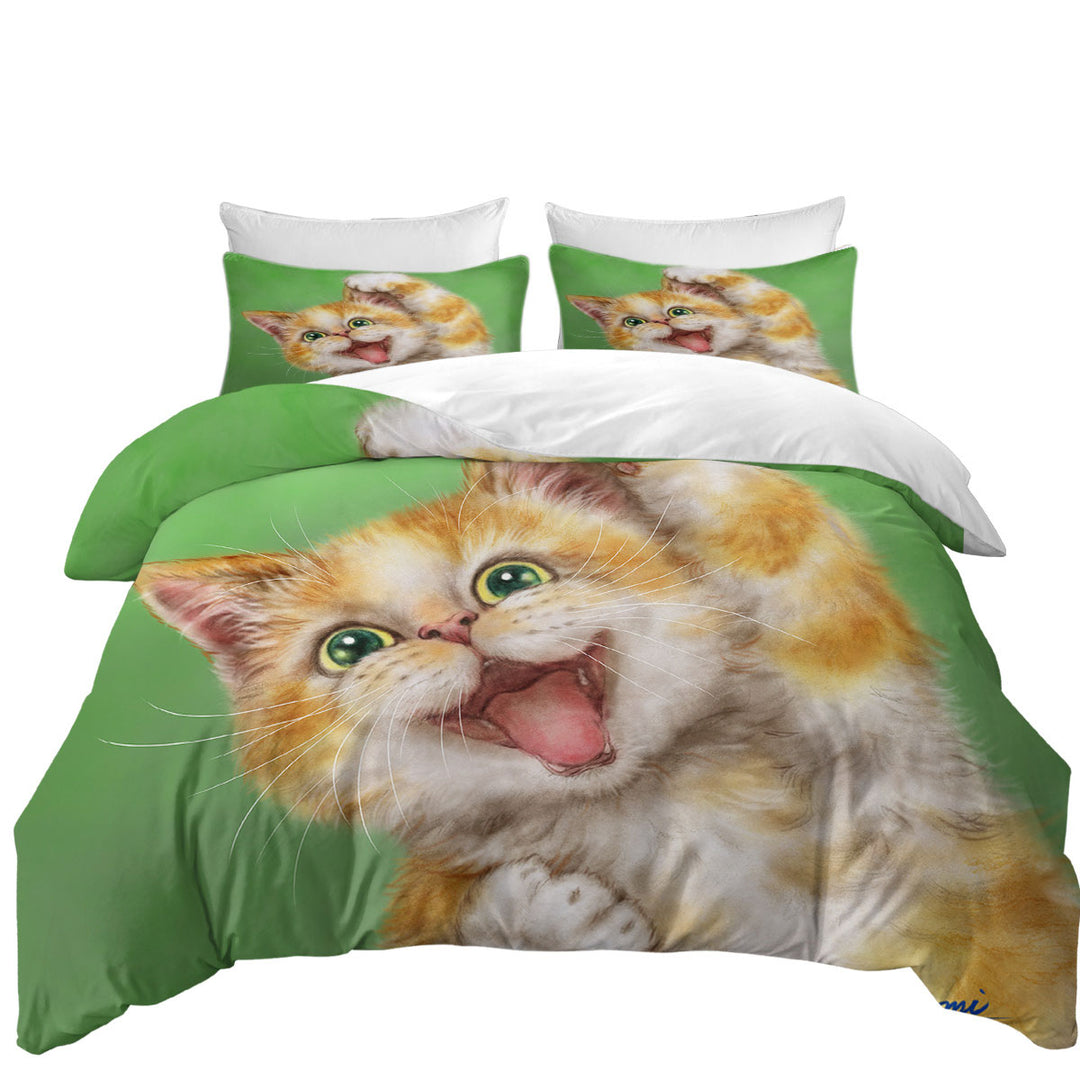 Funny Kittens Joyful Ginger Kitty Cat over Green Duvet Covers King