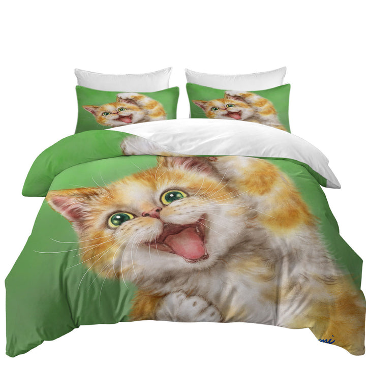 Funny Kittens Joyful Ginger Kitty Cat over Green Duvet Covers King