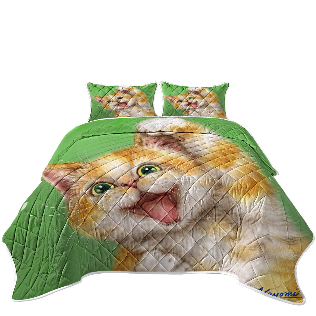Funny Kittens Joyful Ginger Kitty Cat over Green King Quilt