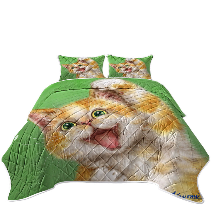 Funny Kittens Joyful Ginger Kitty Cat over Green King Quilt