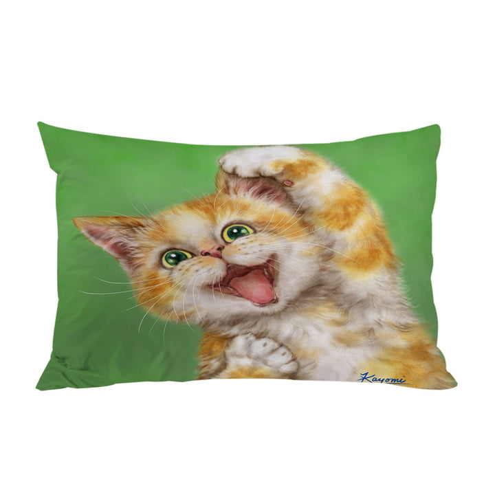 Funny Kittens Joyful Ginger Kitty Cat over Green Pillow Cases