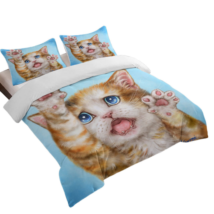 Funny Kittens Stressed Ginger Kitty Cat over Blue Coverlet