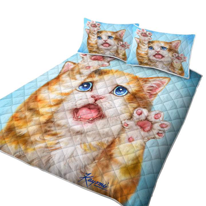Funny Kittens Stressed Ginger Kitty Cat over Blue Coverlets