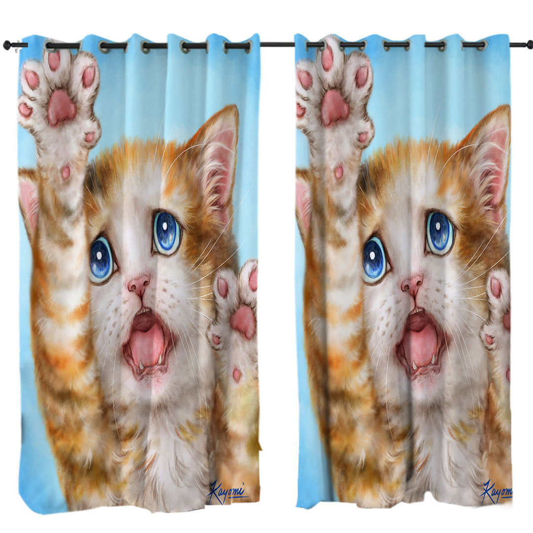 Funny Kittens Stressed Ginger Kitty Cat over Blue Curtains
