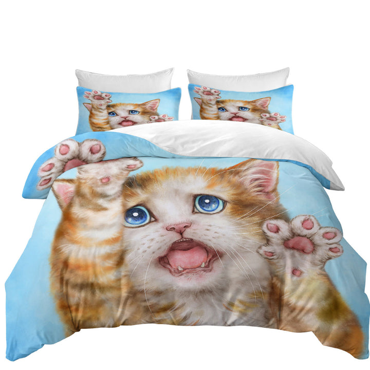 Funny Kittens Stressed Ginger Kitty Cat over Blue Duvet Cover