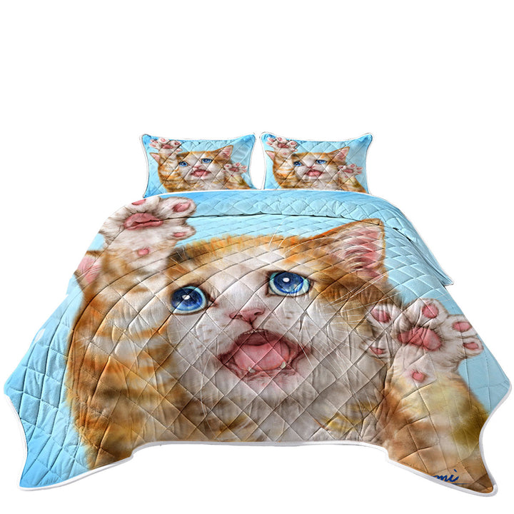 Funny Kittens Stressed Ginger Kitty Cat over Blue King Size Quilt Sets