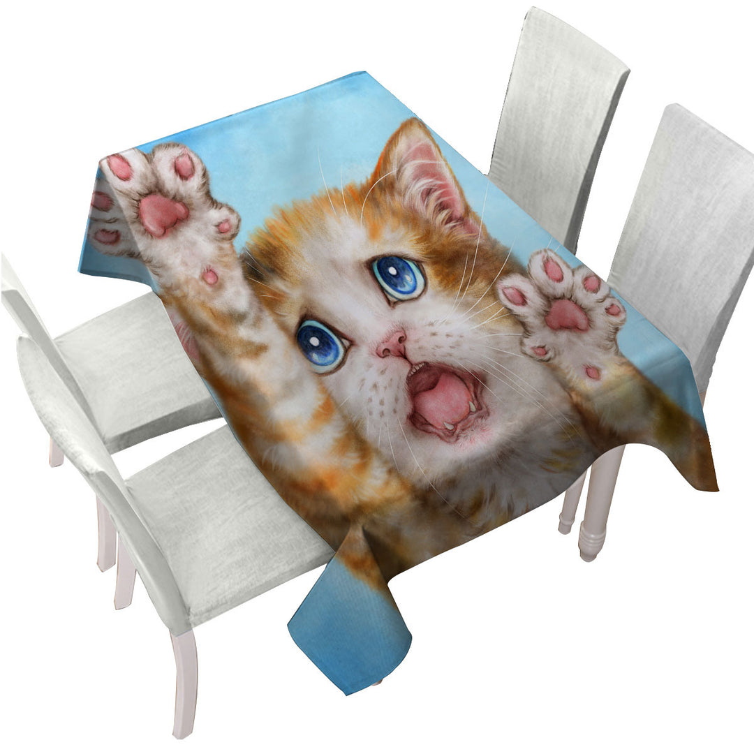Funny Kittens Stressed Ginger Kitty Cat over Blue Tablecloth
