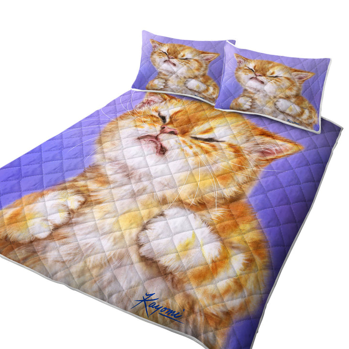 Funny Kittens Upset Ginger Kitty Cat over Purple King Quilt