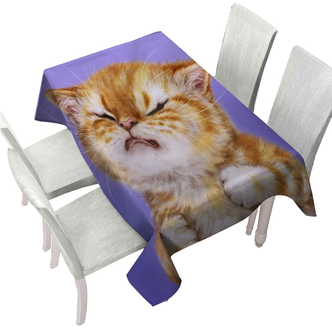Funny Kittens Upset Ginger Kitty Cat over Purple Tablecloths