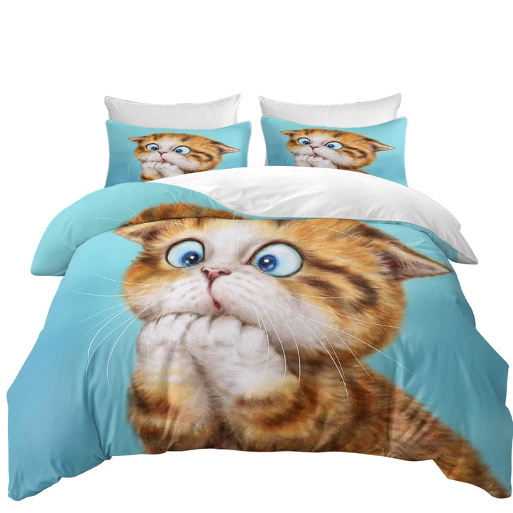 Funny Kittens Worried Ginger Kitty Cat over Blue Duvet Cover Queen