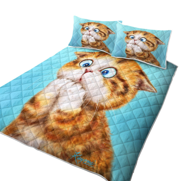 Funny Kittens Worried Ginger Kitty Cat over Blue King Size Quilt