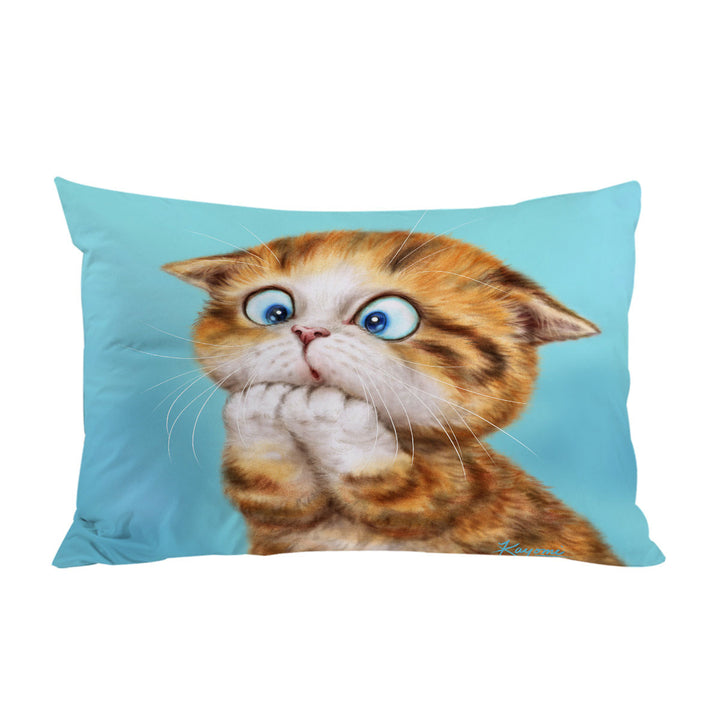 Funny Kittens Worried Ginger Kitty Cat over Blue Pillowcase