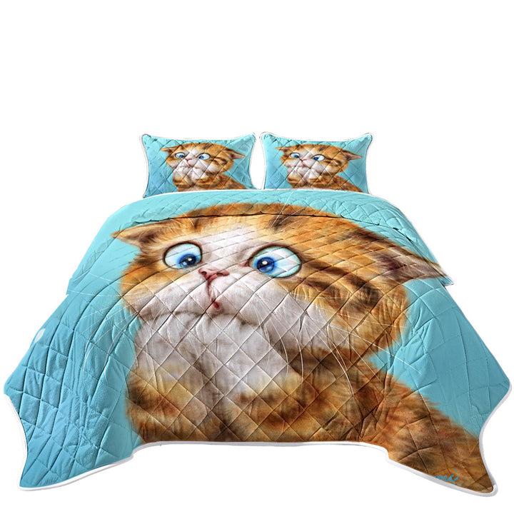 Funny Kittens Worried Ginger Kitty Cat over Blue Quilts for sale
