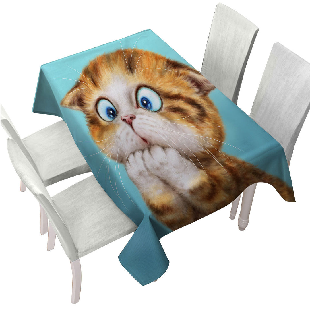 Funny Kittens Worried Ginger Kitty Cat over Blue Tablecloths