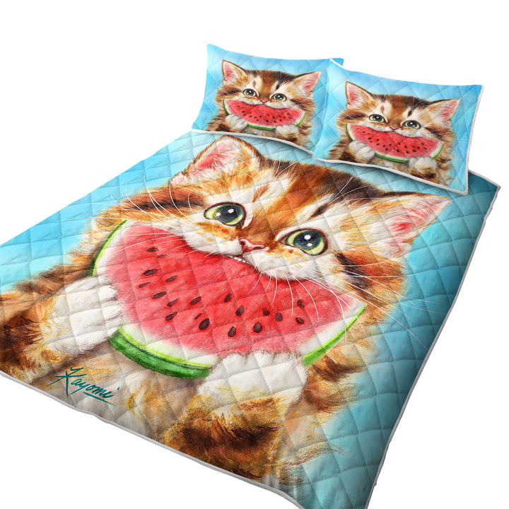 Funny Paintings Watermelon Love Hungry Kitten Coverlet
