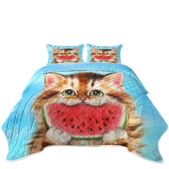 Funny Paintings Watermelon Love Hungry Kitten Coverlets
