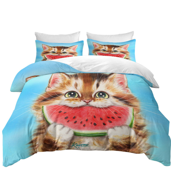 Funny Paintings Watermelon Love Hungry Kitten Duvet Cover