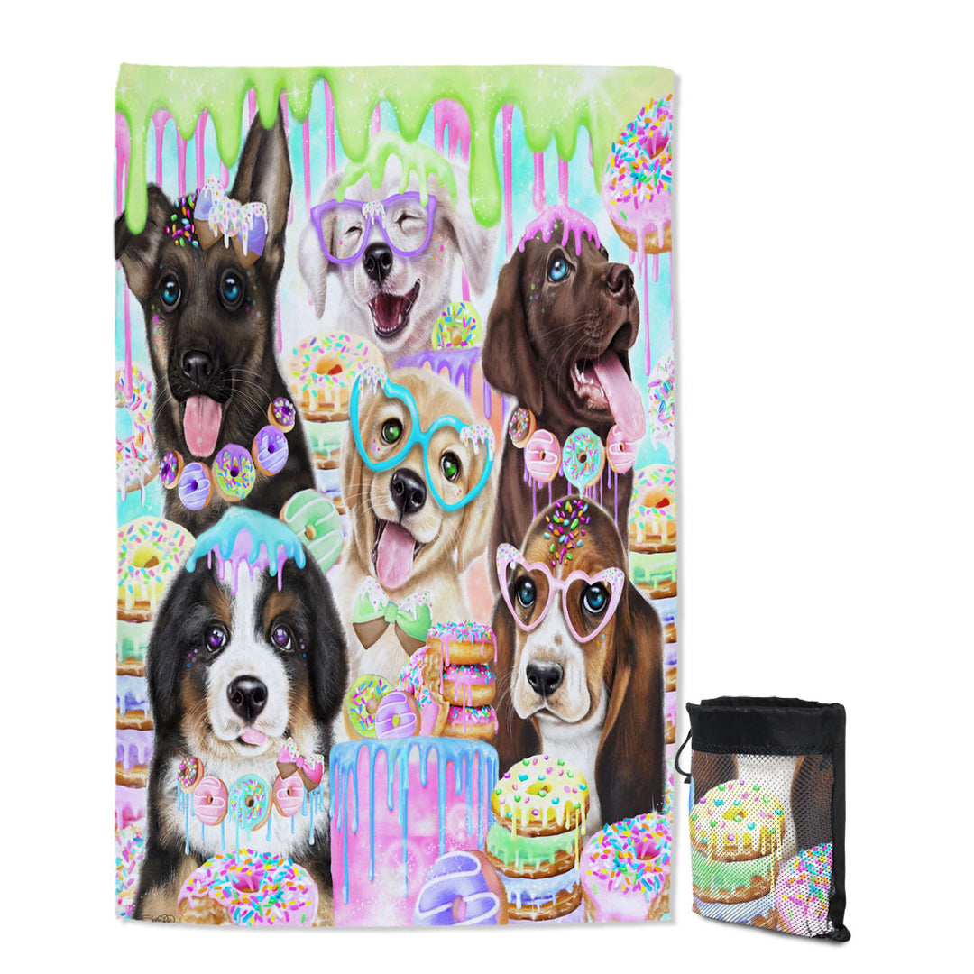 Funny Quick Dry Beach Towel Dog Colorful Doggies and Donuts