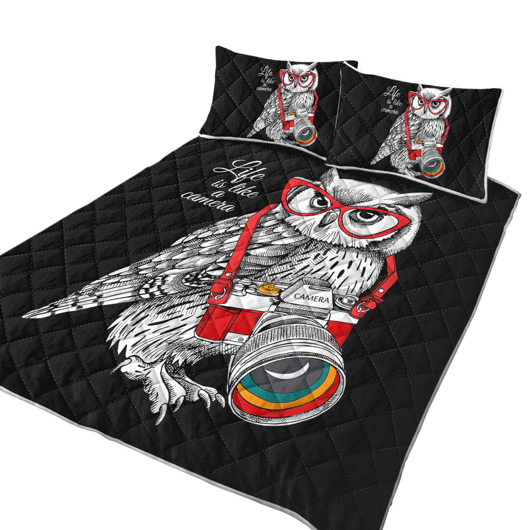 Funny Retro Hipster Photographer Owl California King Quilt Sets