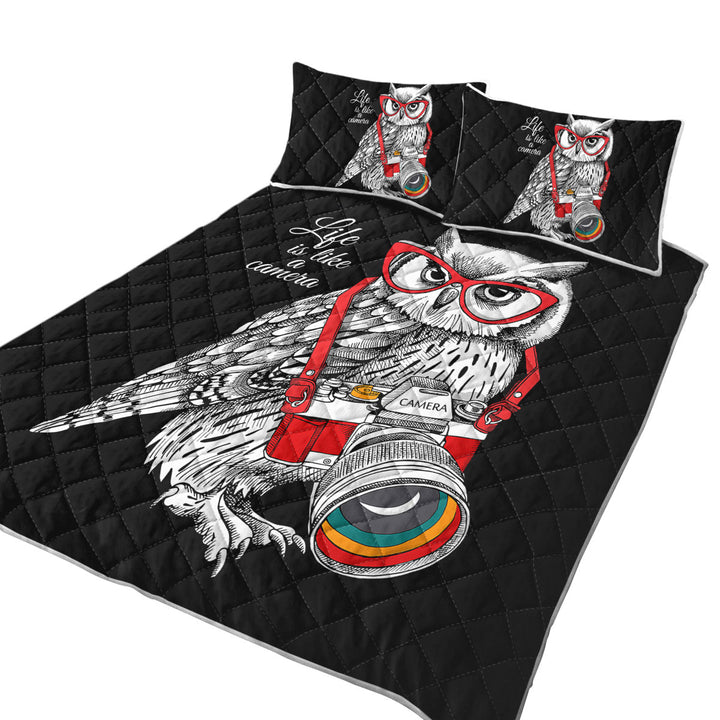 Funny Retro Hipster Photographer Owl California King Quilt Sets