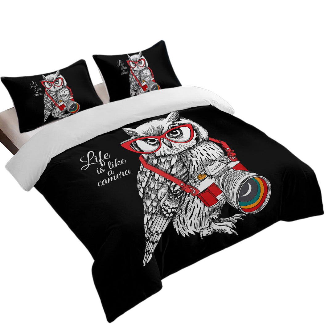 Funny Retro Hipster Photographer Owl Queen Size Duvet Cover