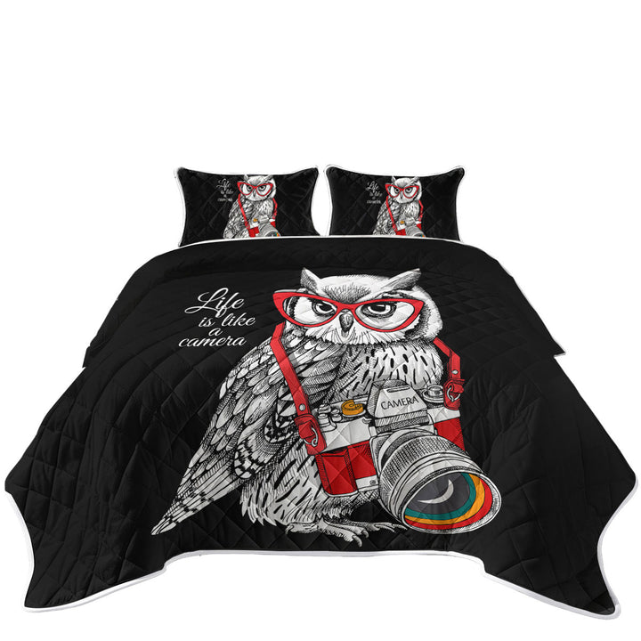 Funny Retro Hipster Photographer Owl Quilts